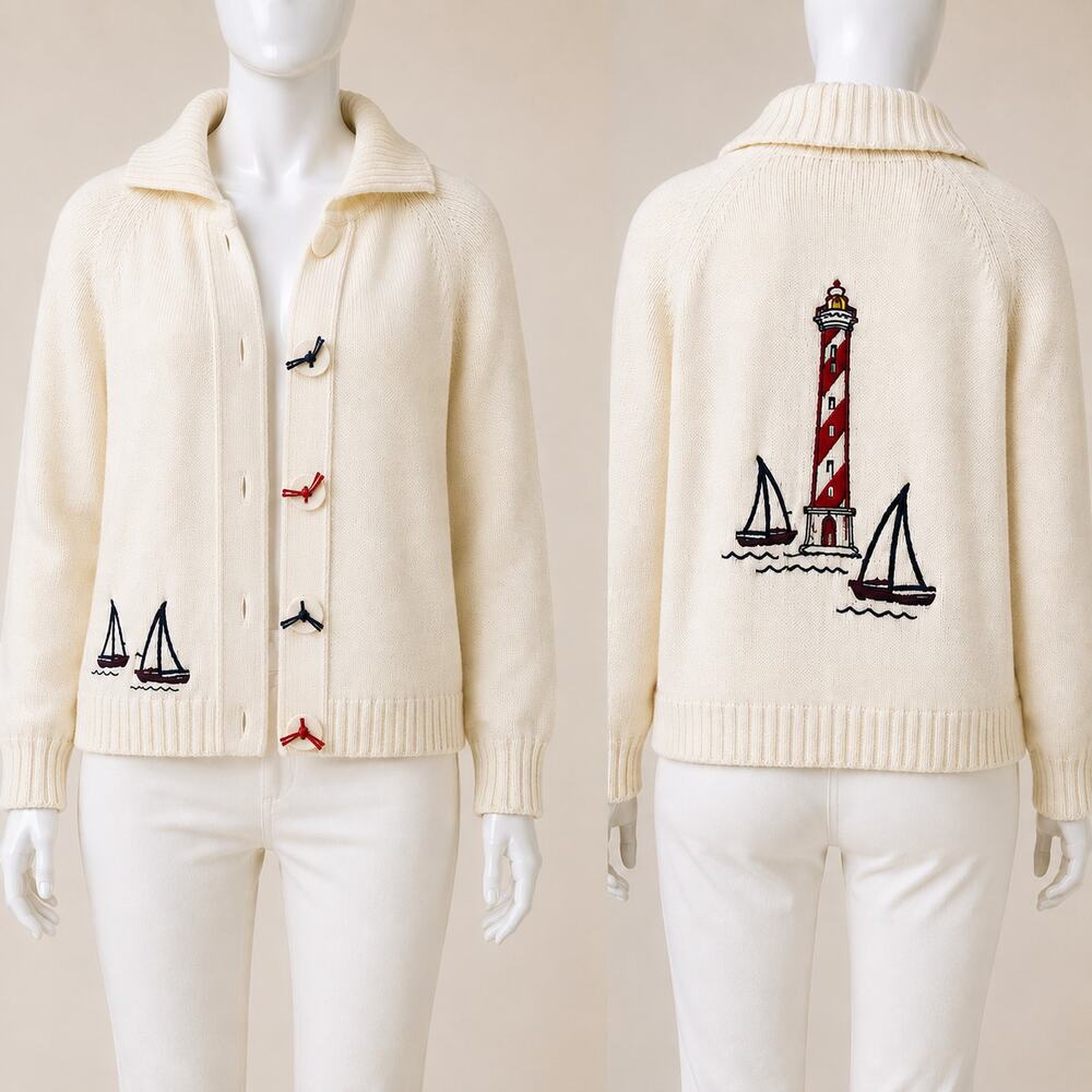 Breckenridge Lighthouse Sailboat Nautical Cardigan Sweater L